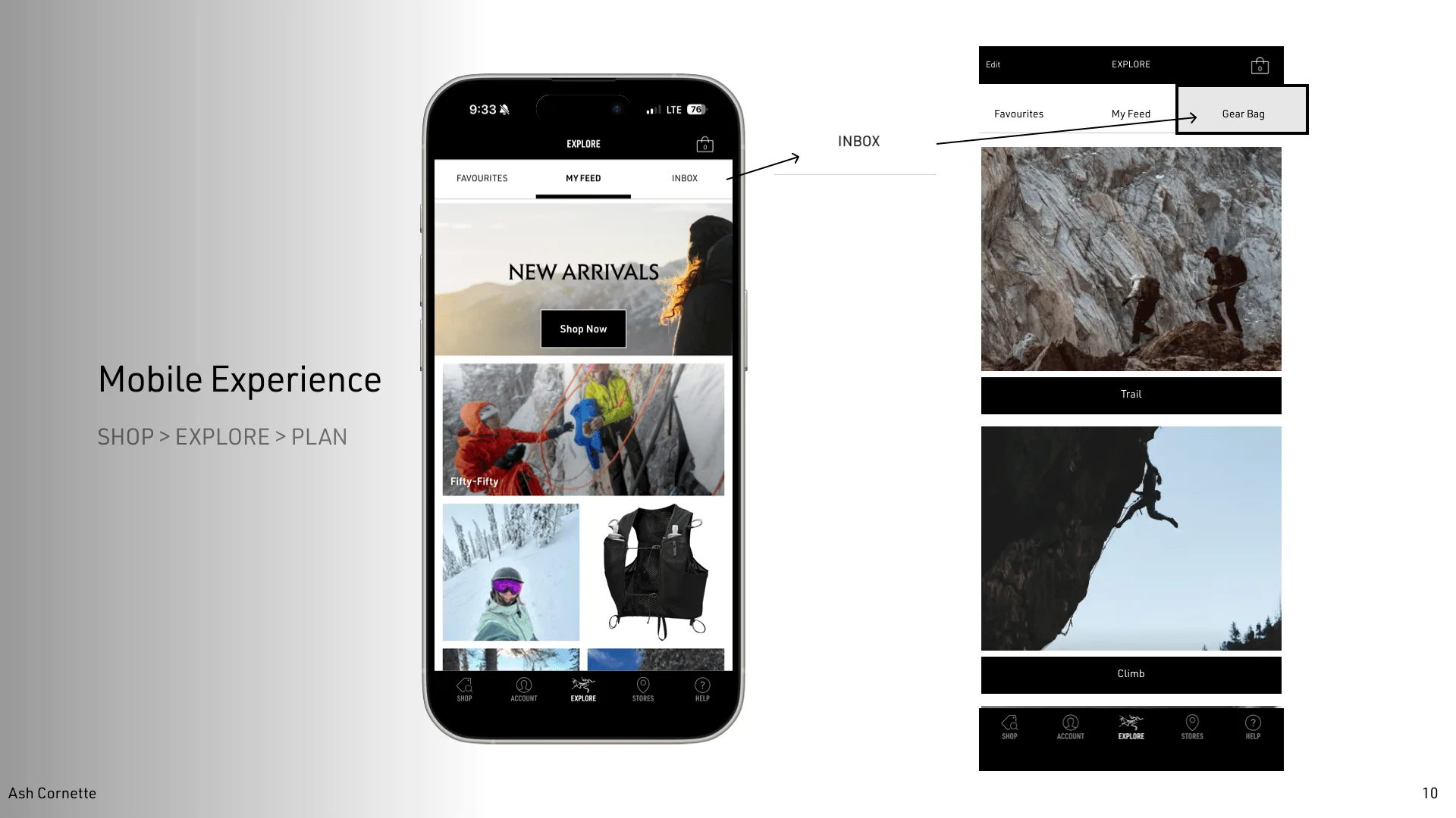The Explore tab with a new Gear Bag section added beside Favourites and My Feed, showing Trail and Climb activity bags. Navigation flow: shop, explore, plan.