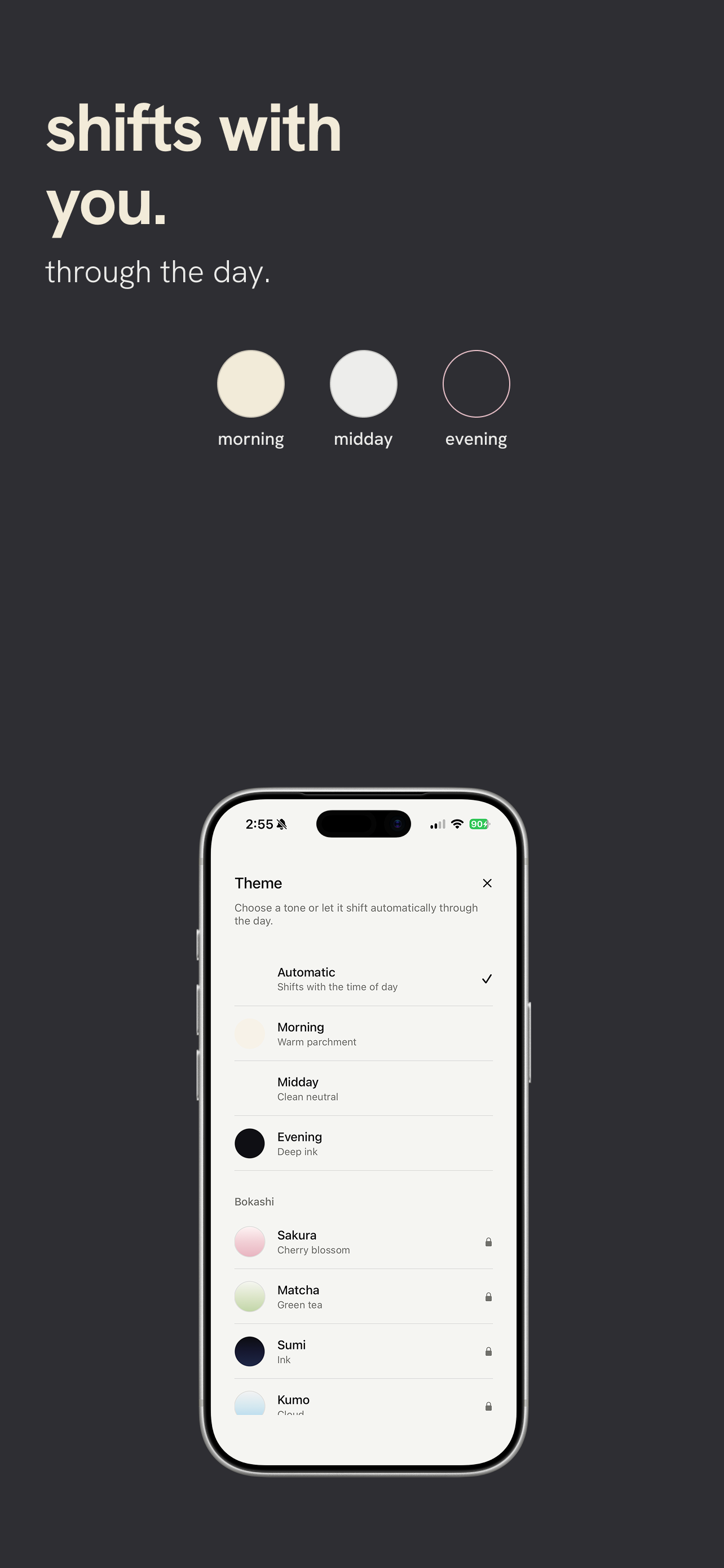 App Store screenshot: shifts with you through the day.