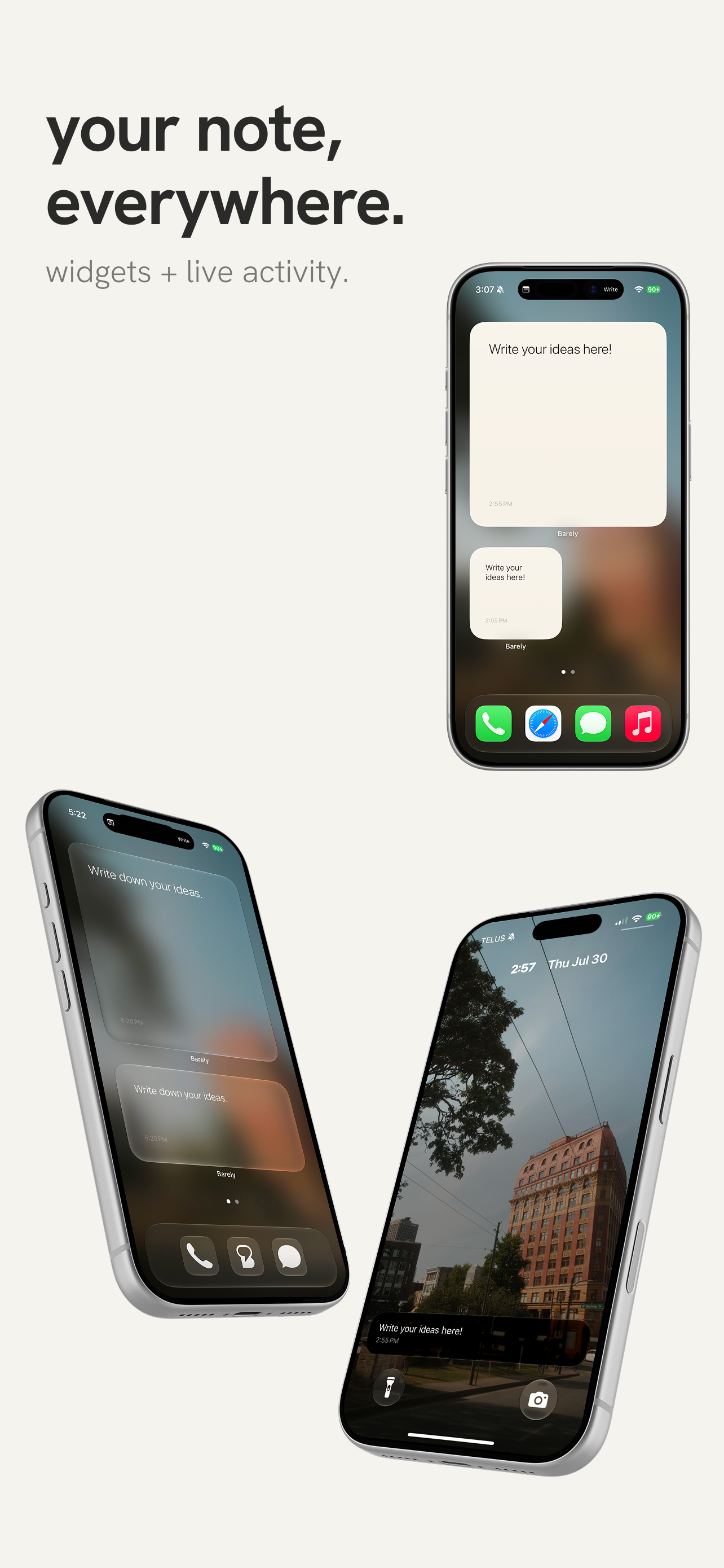 Barely Notes widgets and live activity across multiple devices