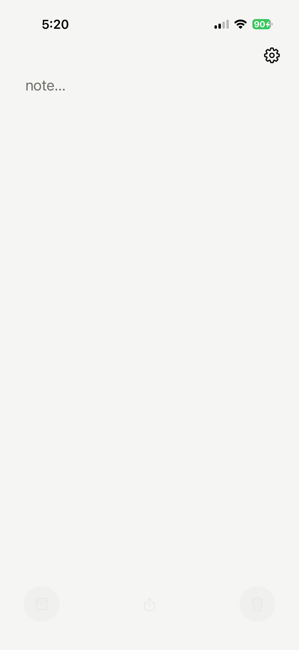 Barely Notes empty state: warm parchment background, 'note...' placeholder, archive and delete buttons dimmed at bottom