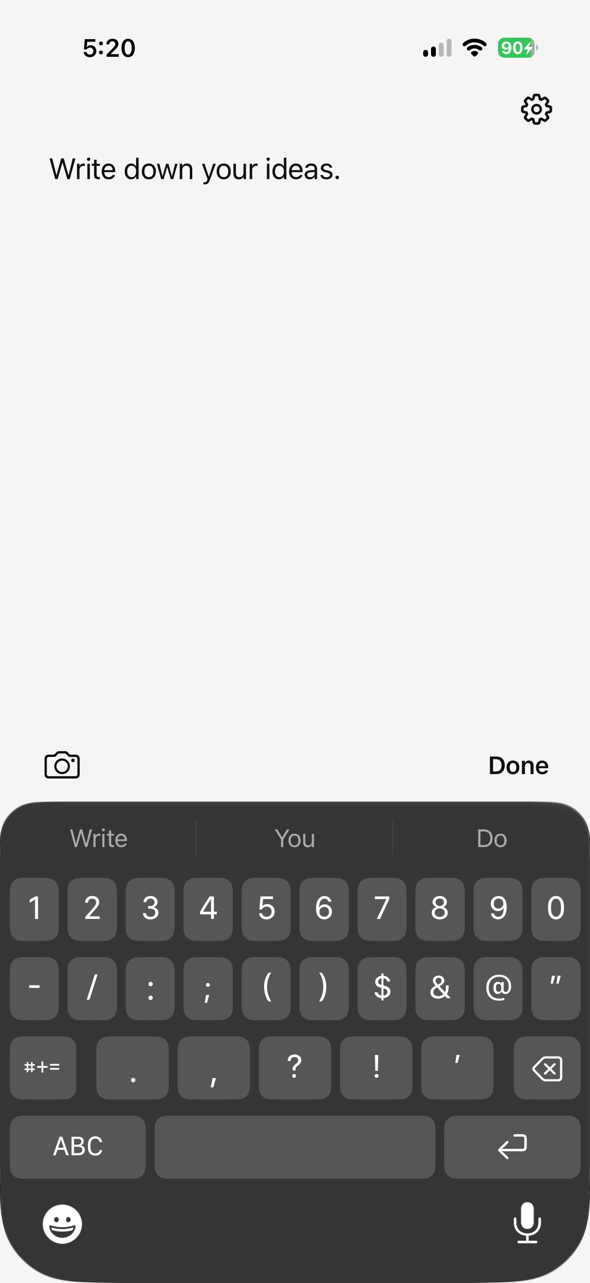 Barely Notes with keyboard open, camera and Done buttons in toolbar above keyboard