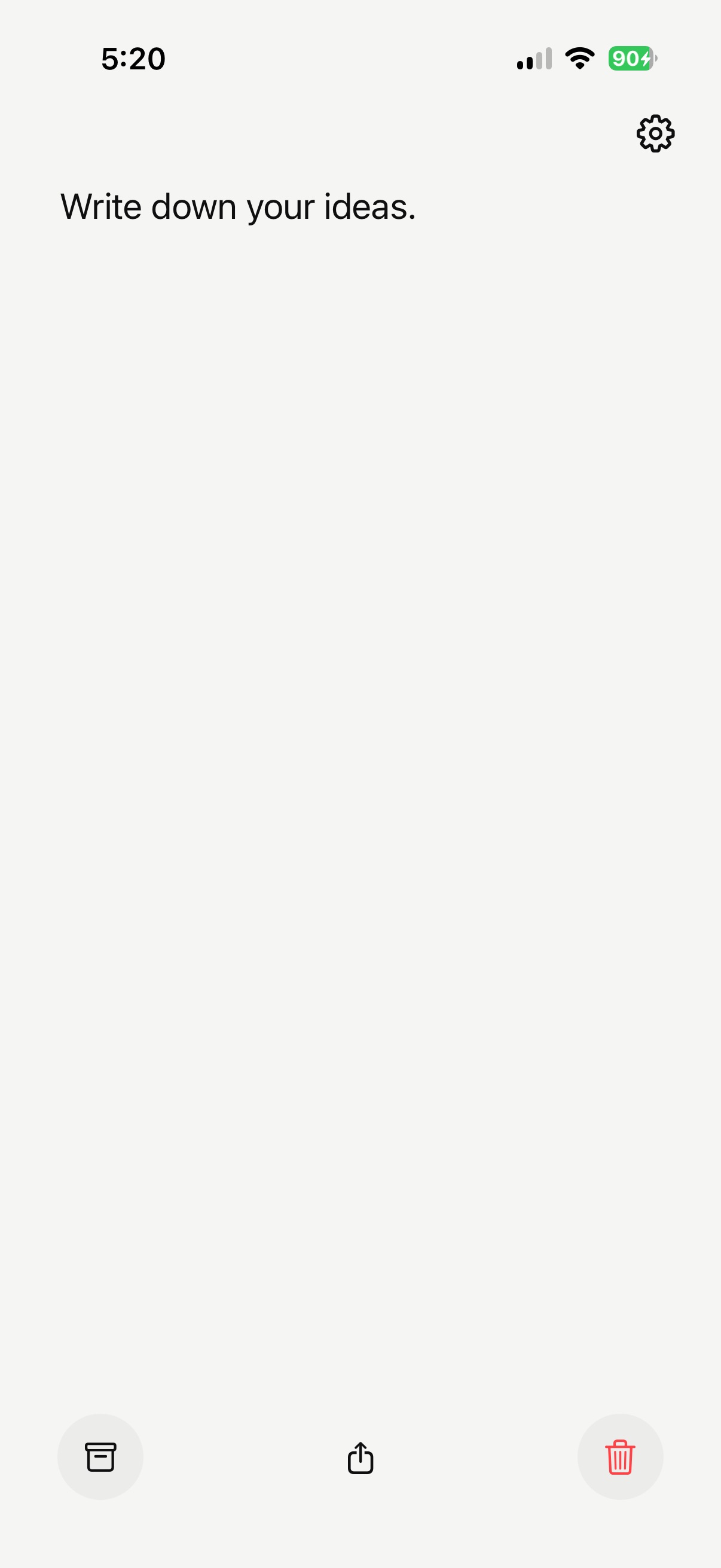 Barely Notes with text: 'Write down your ideas.' Archive, share, and delete buttons active at bottom