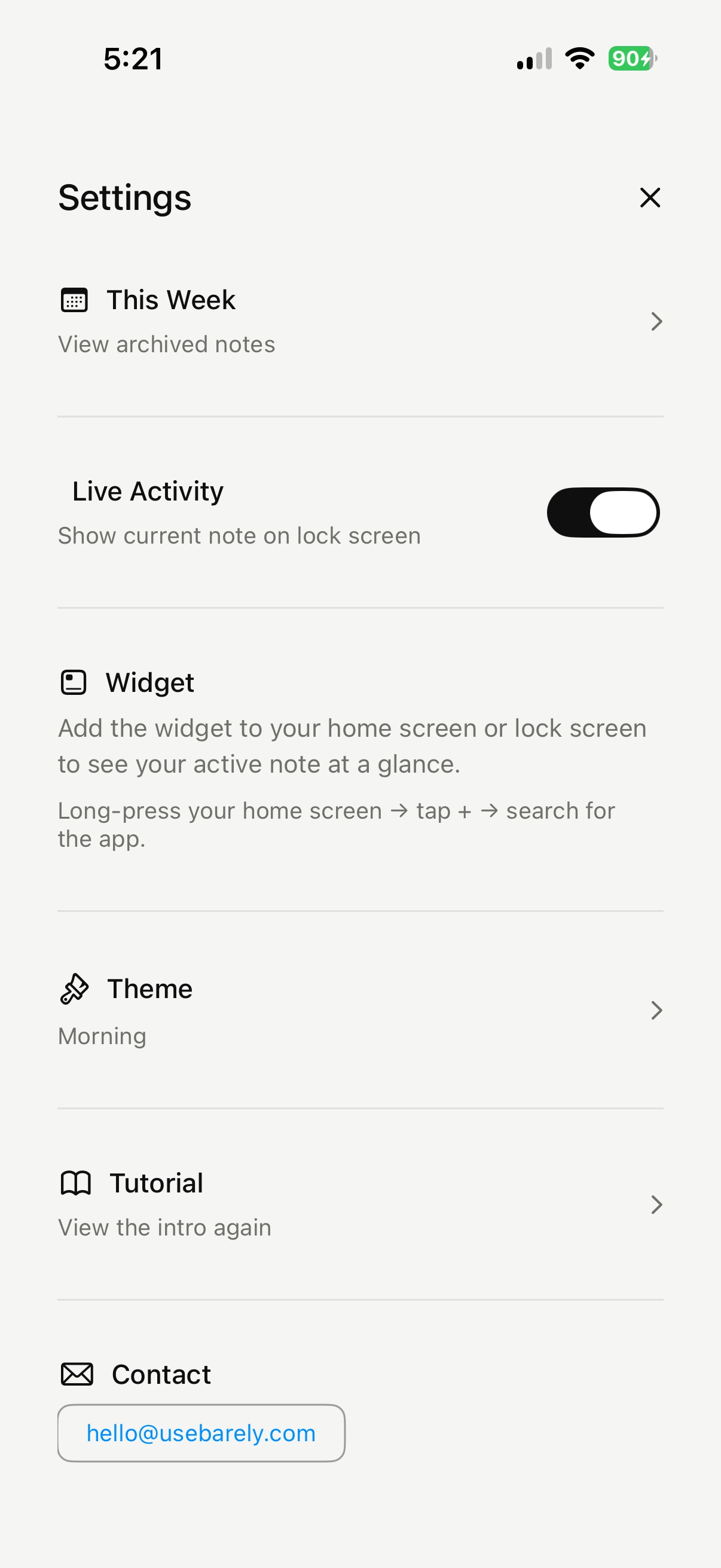 Barely Notes settings screen showing This Week, Live Activity toggle, Widget instructions, Theme picker, Tutorial, and Contact