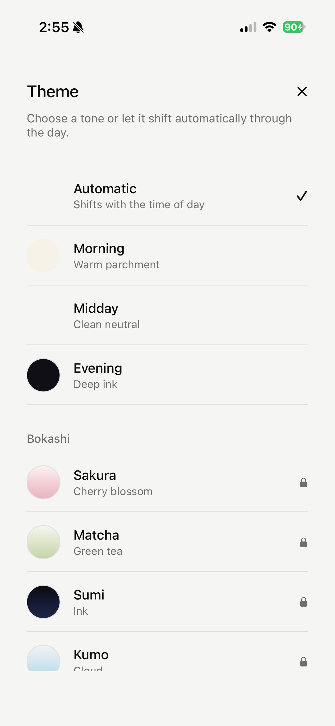 Theme picker showing three time-of-day tones (Morning, Midday, Evening) and five Bokashi gradient themes (Sakura, Matcha, Sumi, Kumo, Akatsuki)