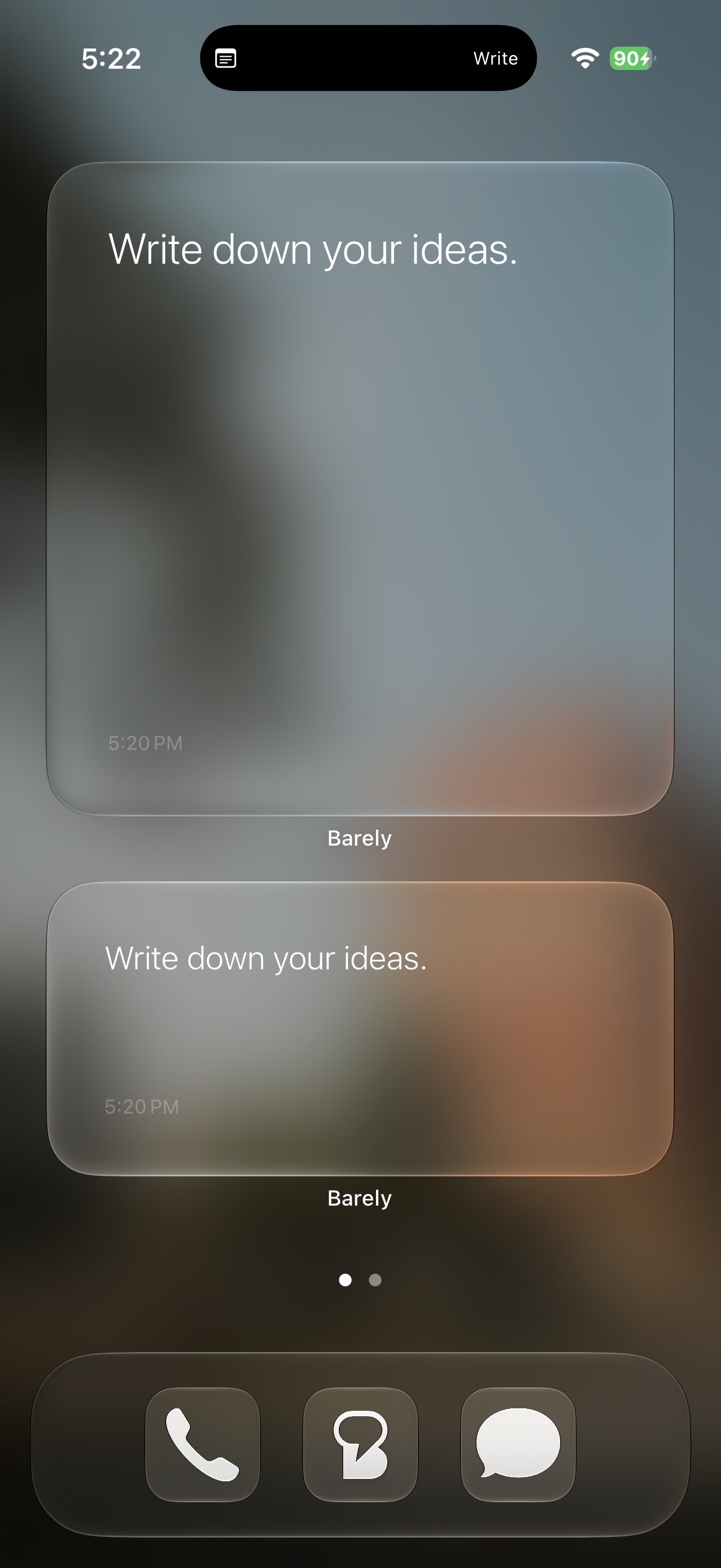 Barely Notes home screen widgets in large and medium sizes, showing note text on a glass background