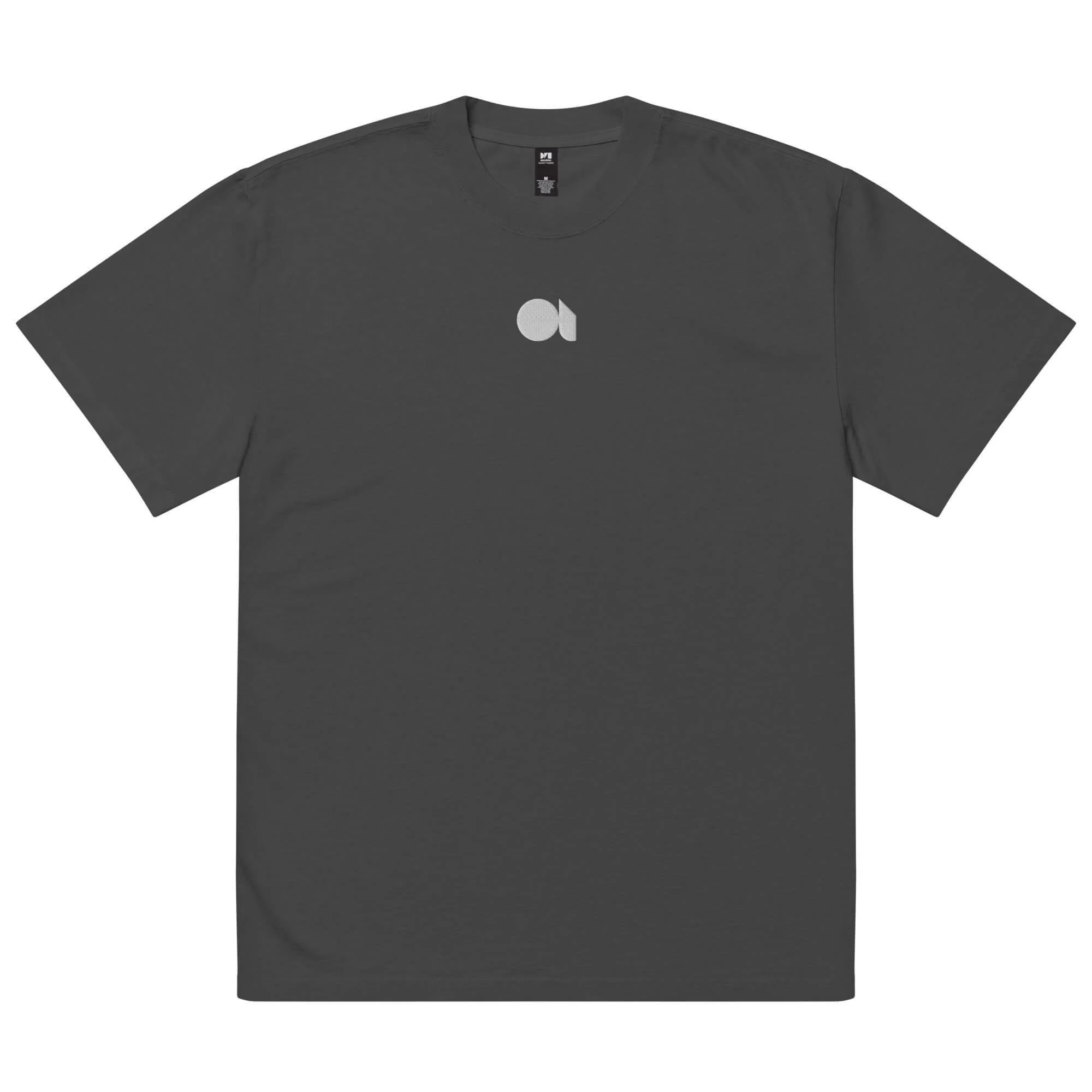 Embroidered Logo Tee: faded black with stitched mark.