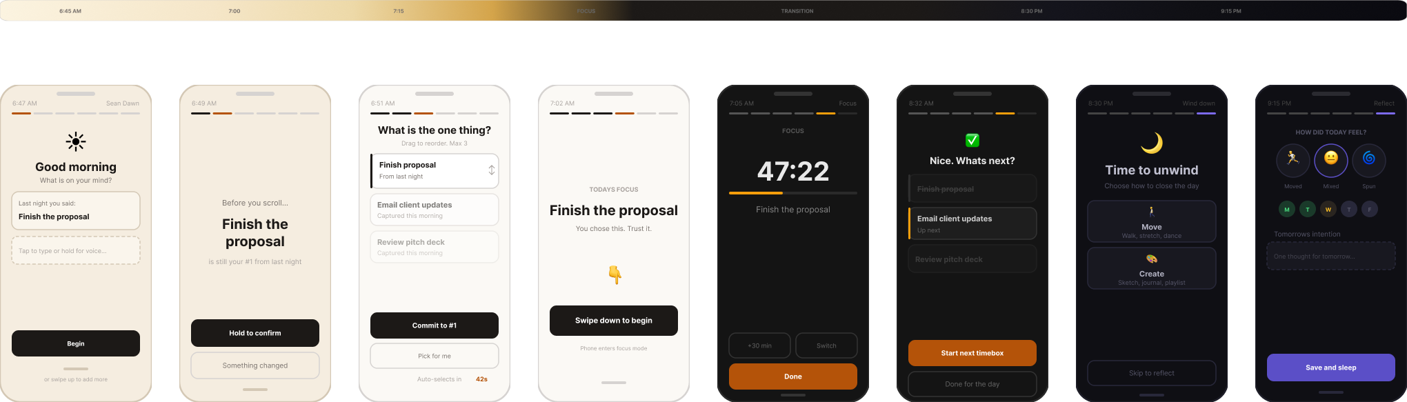 High-fidelity mockup of Sean Dawn's daily screen — the single screen that shifts through the day.
